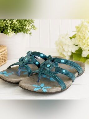 Abeo Frenzia Teal Slide Thong Slip On Leather Vibram Sandal Size 7